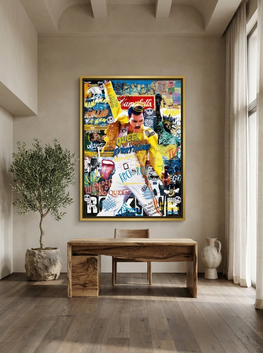 Oversized statement canvas wall art with a gold leaf surround styled on the wall in a luxe home office
