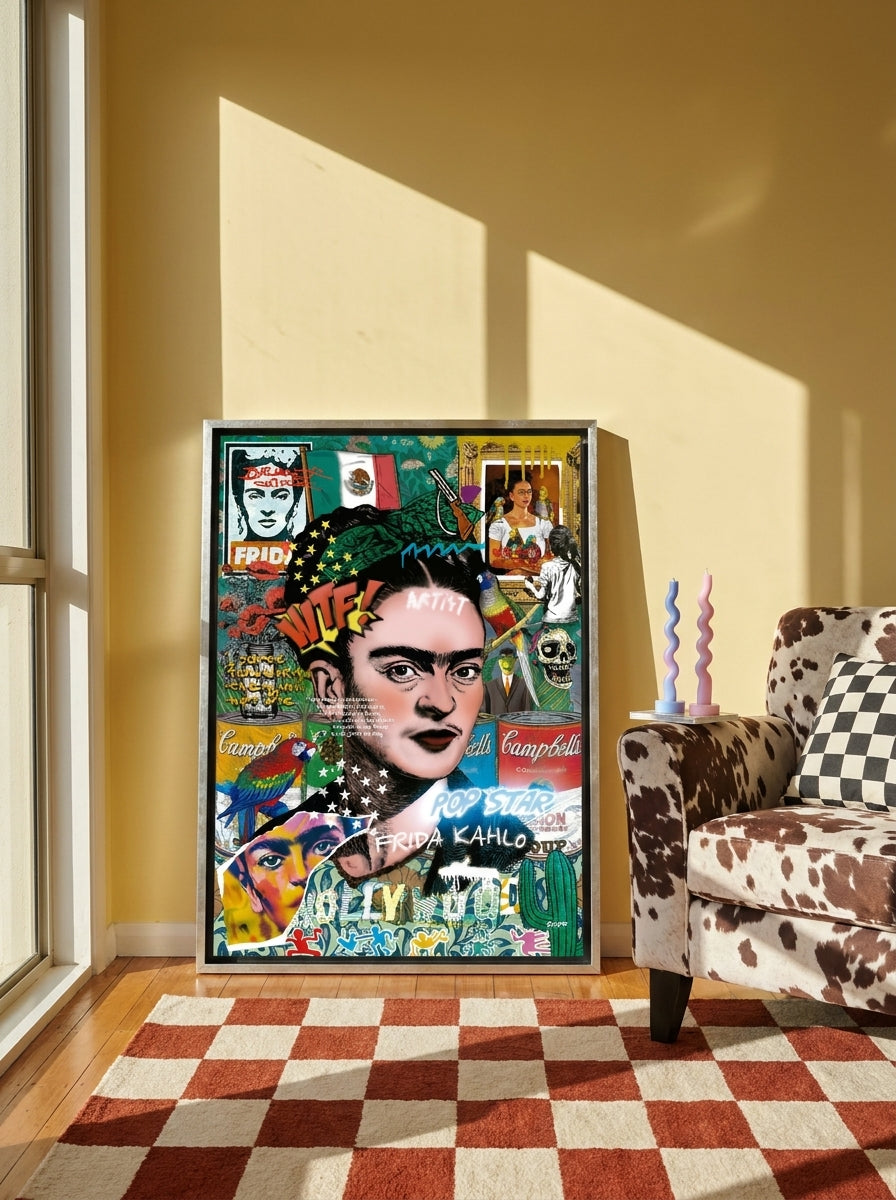 Canvas wall art with a silver leaf surround leaning against the wall in a colourful eclectic bedroom