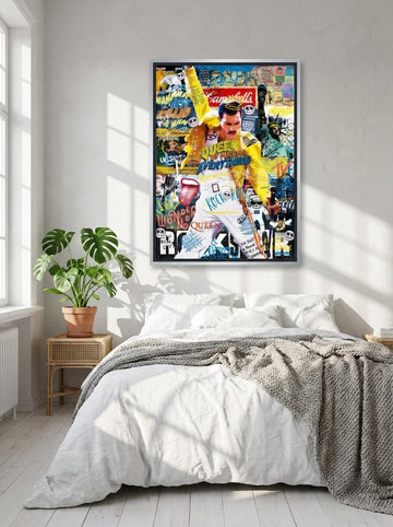 Canvas wall art with a silver leaf surround styled on the wall in a bright Scandinavian bedroom