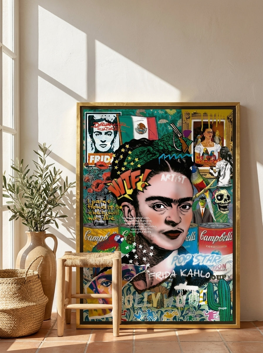 Canvas wall art with a gold leaf surround leaning against the wall in a Mediterranean living room