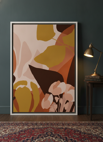 Canvas wall art with a white surround leaning against the wall in a moody dining room