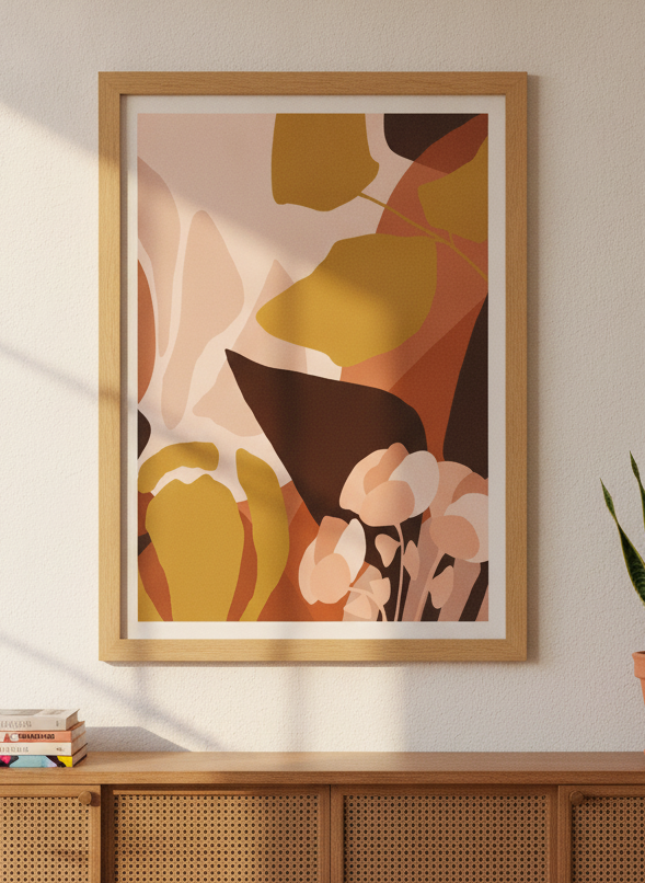 Modern wall art print styled on the wall in a mid-century living room