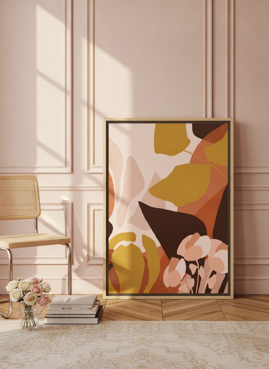 Canvas wall art with a natural timber surround leaning against the wall in a Parisian home office