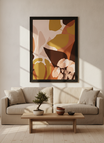 Oversized statement modern wall art print styled on the wall in a warm Japandi living room