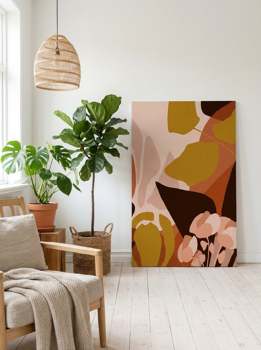 Stretched canvas wall art leaning against the wall in a bright Scandinavian bedroom