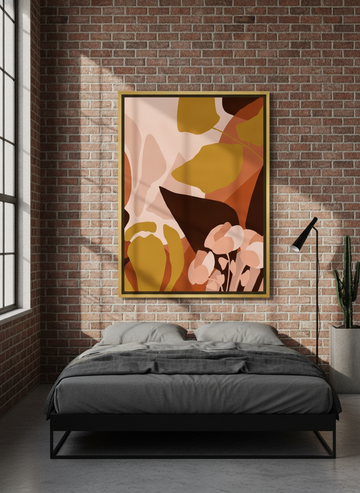 Oversized statement canvas wall art with a gold leaf surround styled on the wall in an industrial loft bedroom