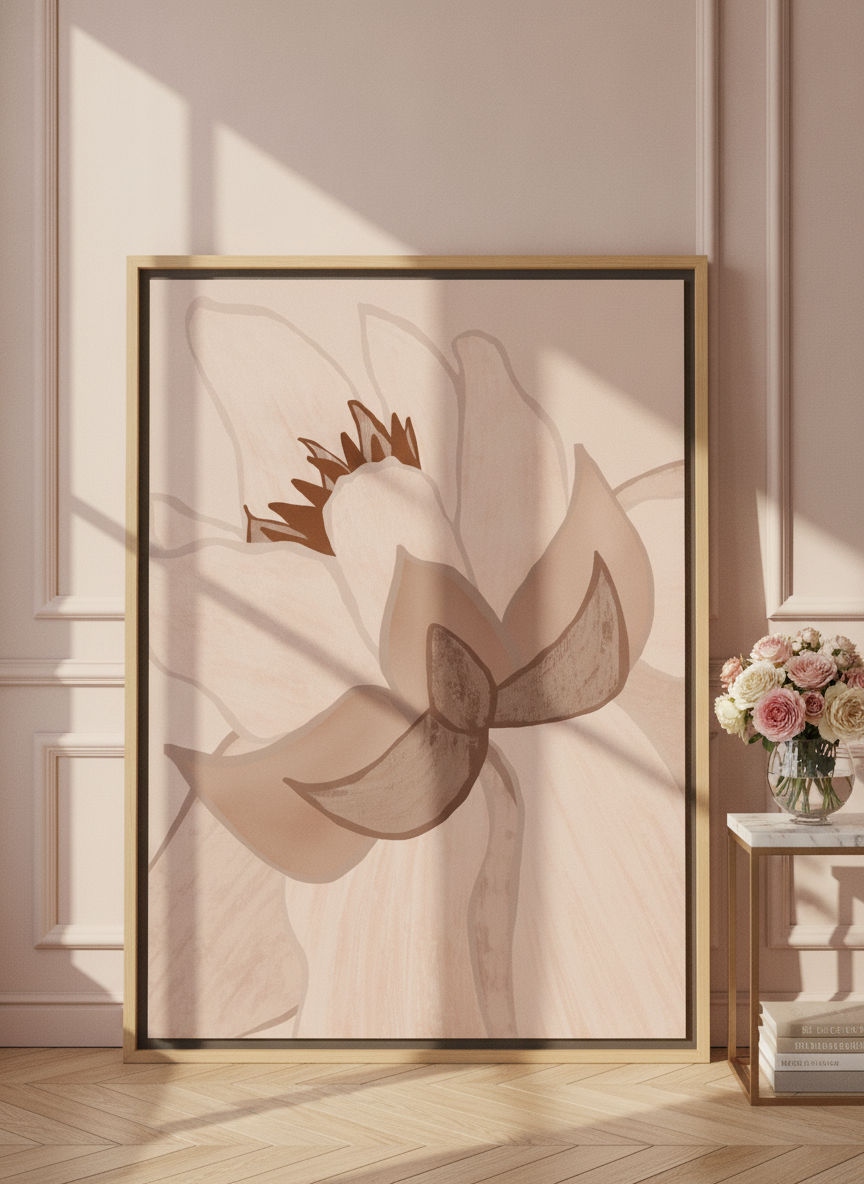 Oversized statement canvas wall art with a natural timber surround leaning against the wall in a Parisian bathroom