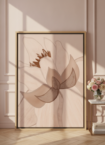 Oversized statement canvas wall art with a natural timber surround leaning against the wall in a Parisian bathroom