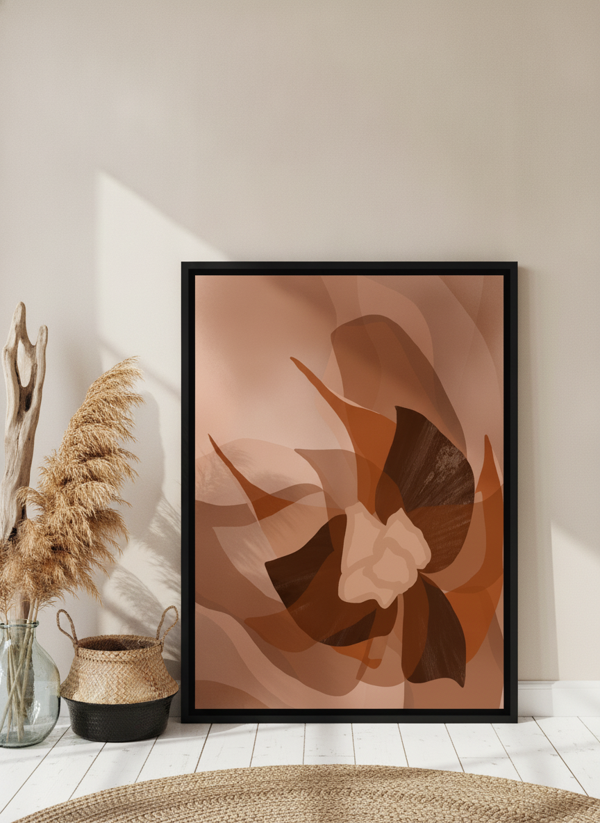 Canvas wall art with a black surround leaning against the wall in a coastal living room