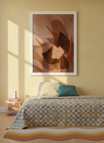 Modern wall art print styled on the wall in a colourful eclectic bedroom