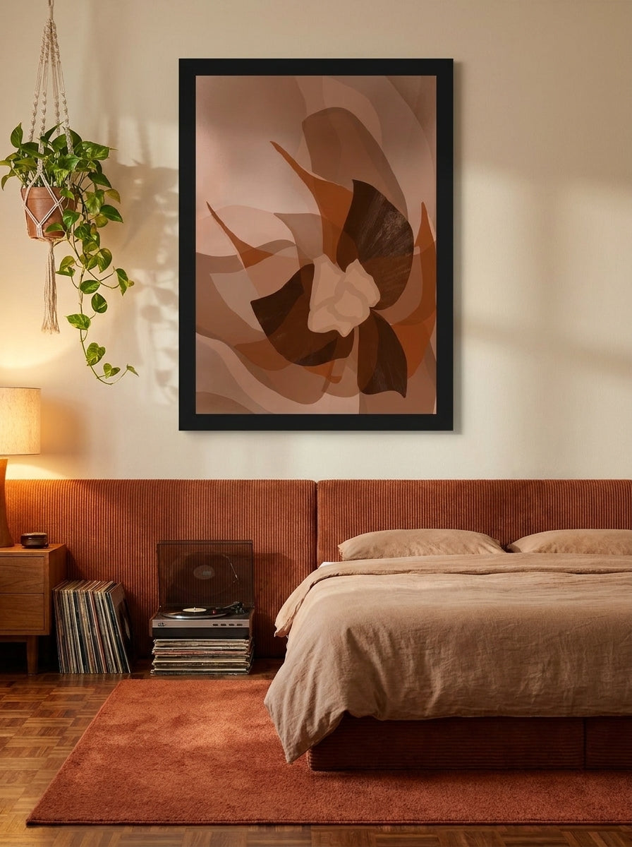 Oversized statement modern wall art print styled on the wall in a retro 70s bedroom