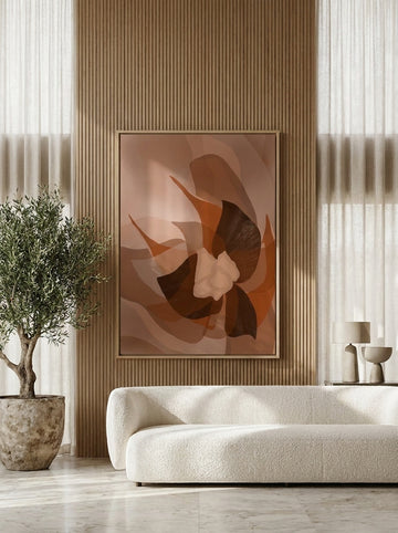 Oversized statement canvas wall art with a natural timber surround styled on the wall in a luxe living room