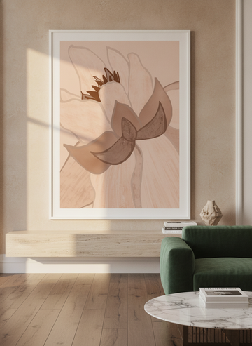 Oversized statement modern wall art print styled on the wall in a luxe living room