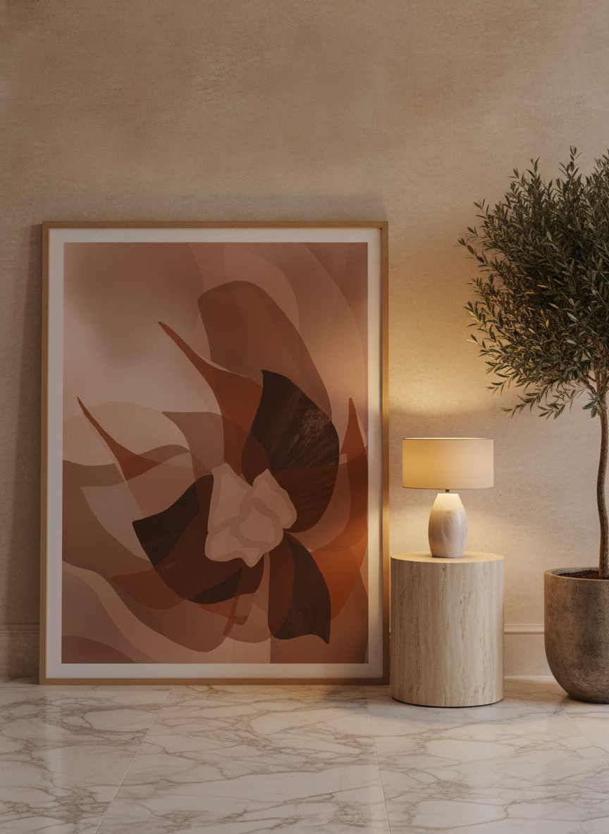 Oversized statement modern wall art print leaning against the wall in a luxe bedroom