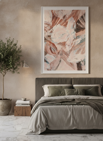 Oversized statement modern wall art print styled on the wall in a luxe bedroom