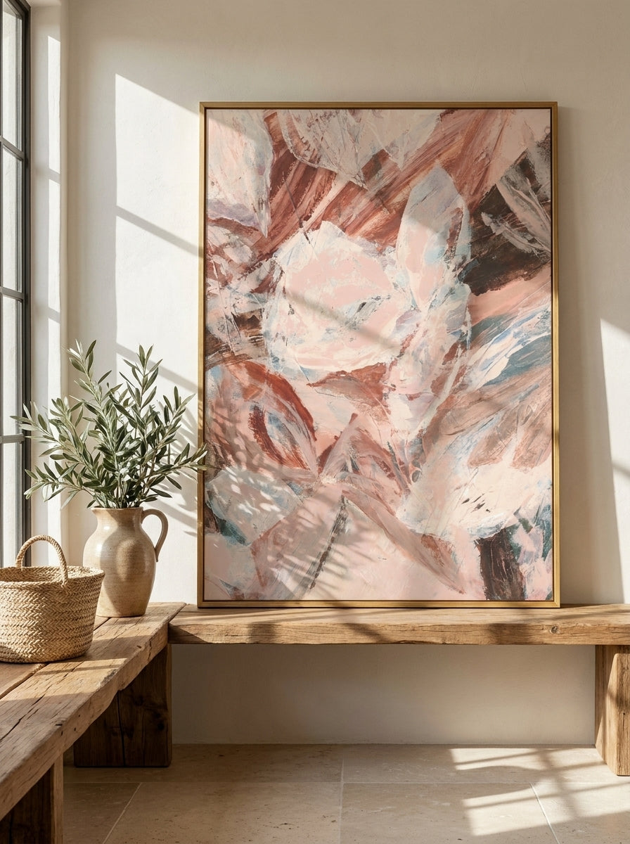Modern wall art print standing on a bench in a Mediterranean living room