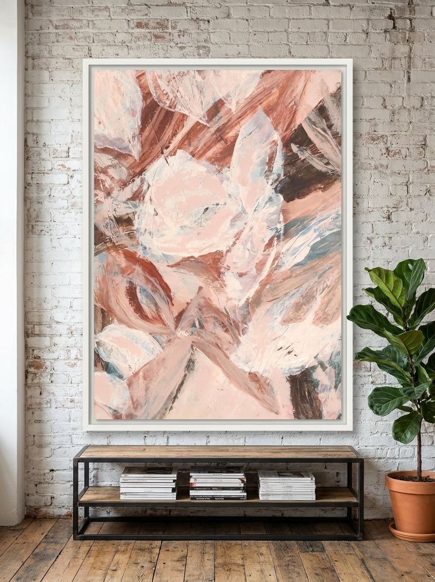 Canvas wall art with a white surround styled on the wall in an industrial loft living room