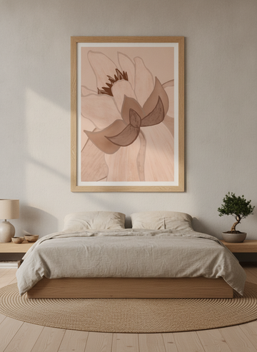 Modern wall art print styled on the wall in a warm Japandi bedroom