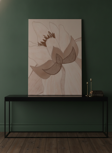 Stretched canvas wall art standing on a console in a moody dining room