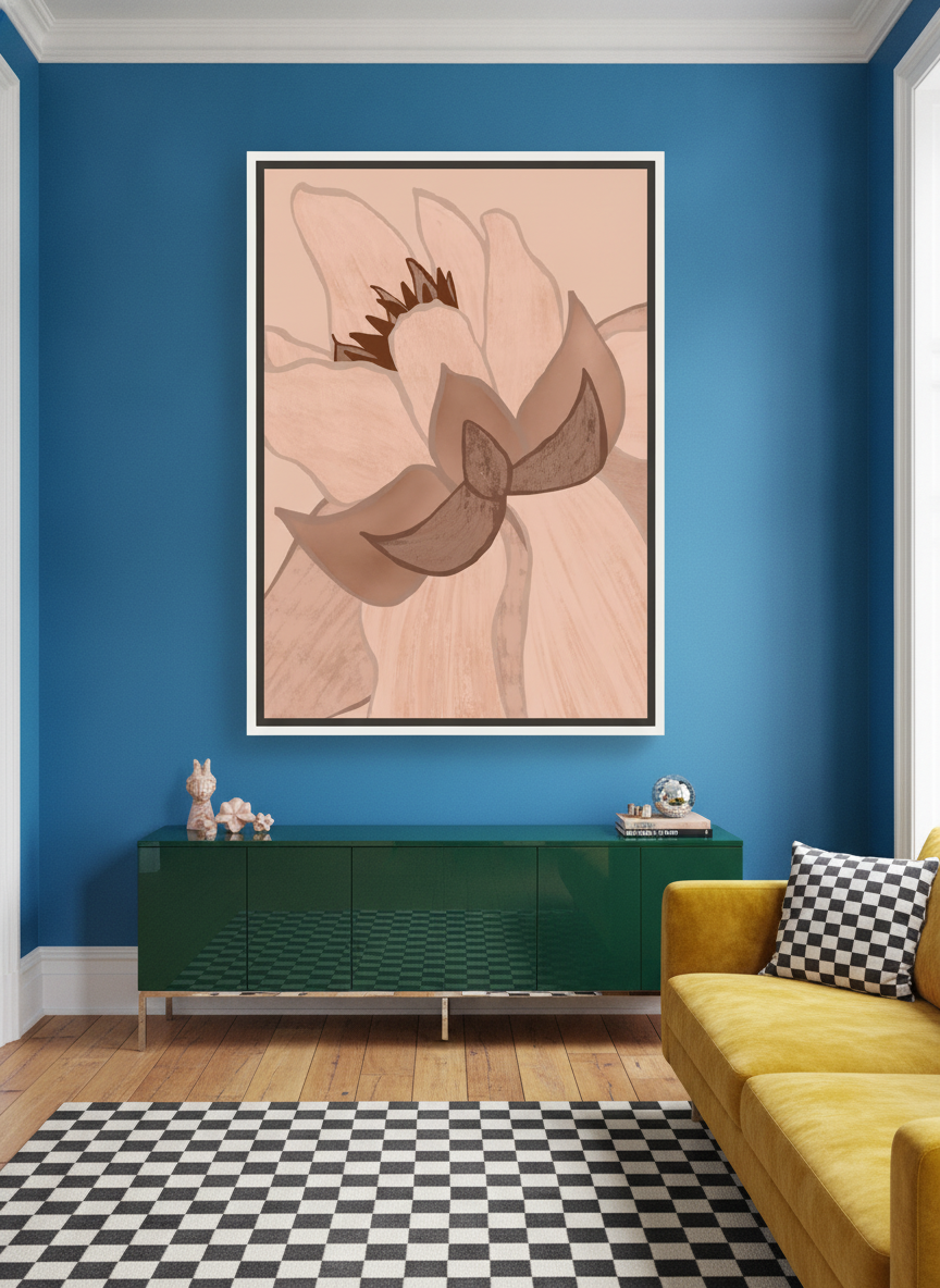 Oversized statement canvas wall art with a white surround styled on the wall in a colourful eclectic living room