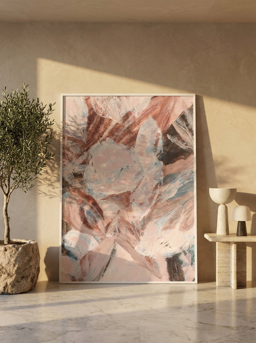Oversized statement modern wall art print leaning against the wall in a luxe dining room
