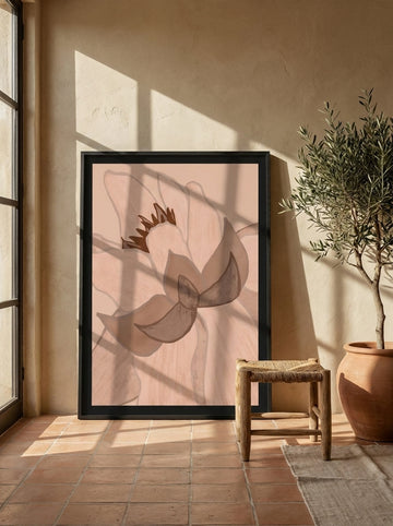 Oversized statement modern wall art print leaning against the wall in a Mediterranean living room