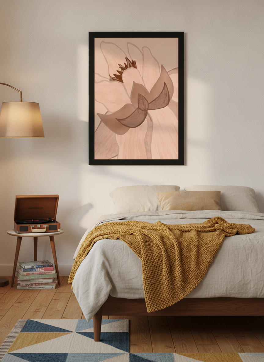 Modern wall art print styled on the wall in a mid-century bedroom