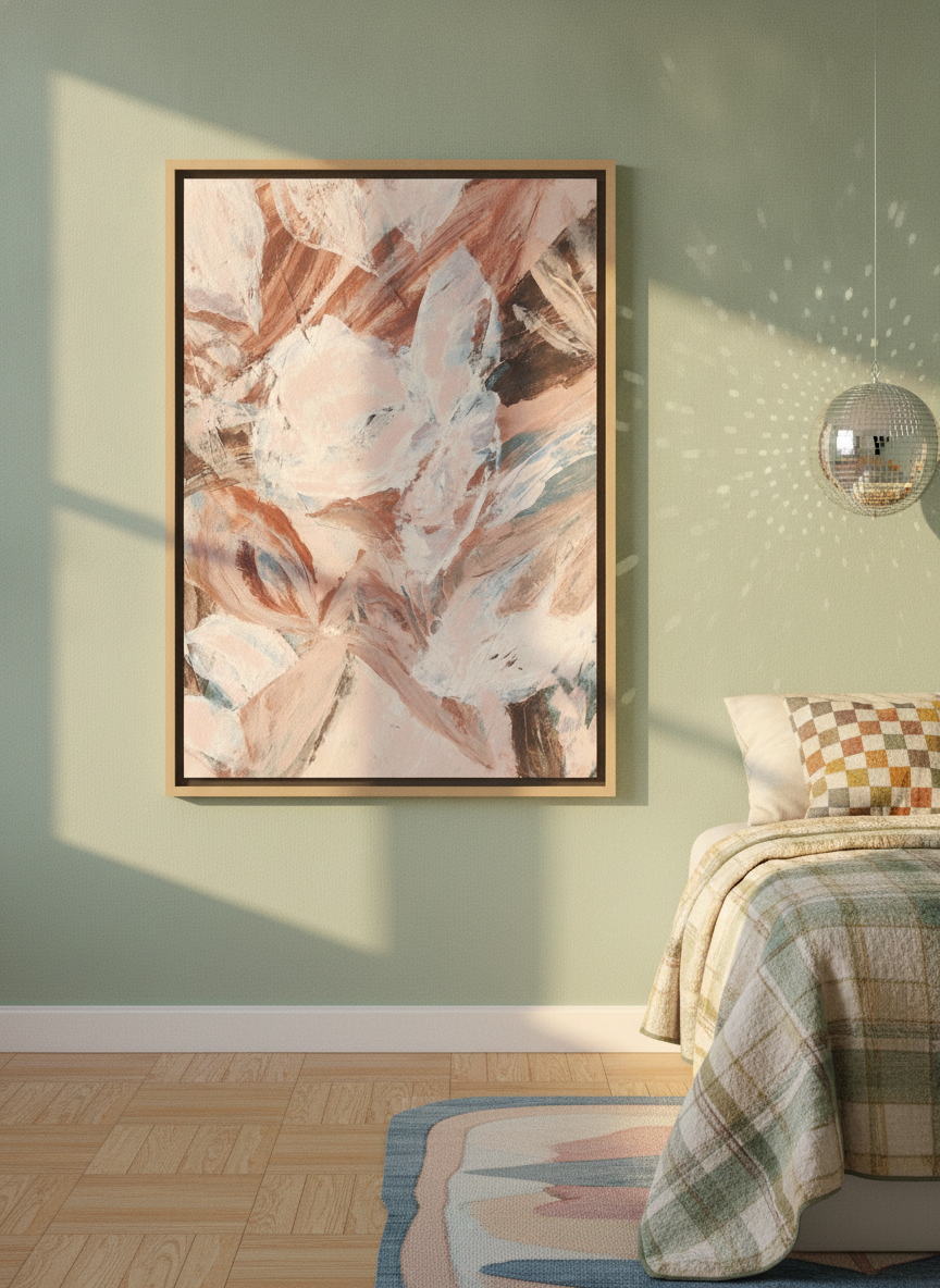 Canvas wall art with a natural timber surround styled on the wall in a colourful eclectic bedroom