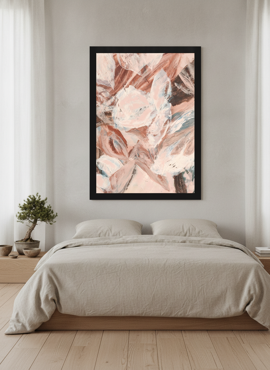 Modern wall art print styled on the wall in a warm Japandi bedroom