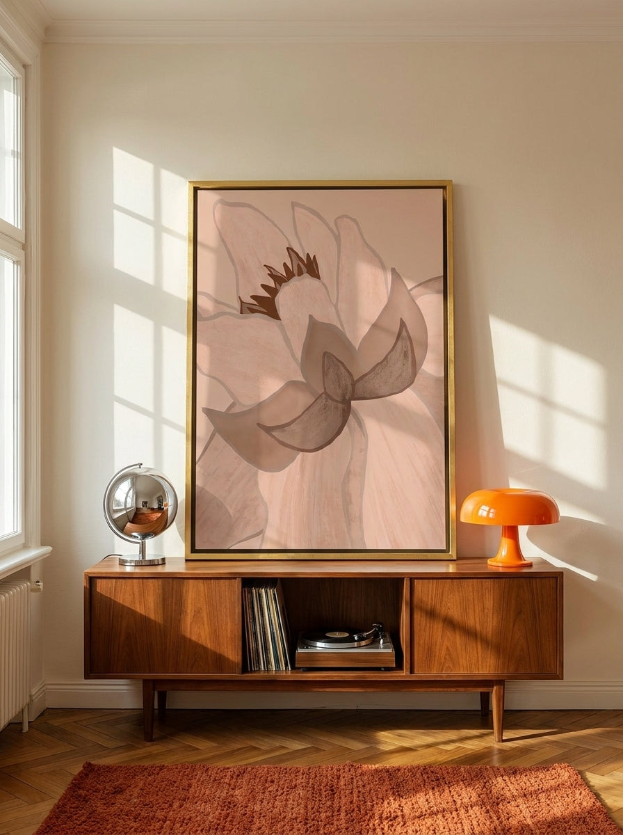 Canvas wall art with a gold leaf surround standing on a sideboard in a retro 70s dining room