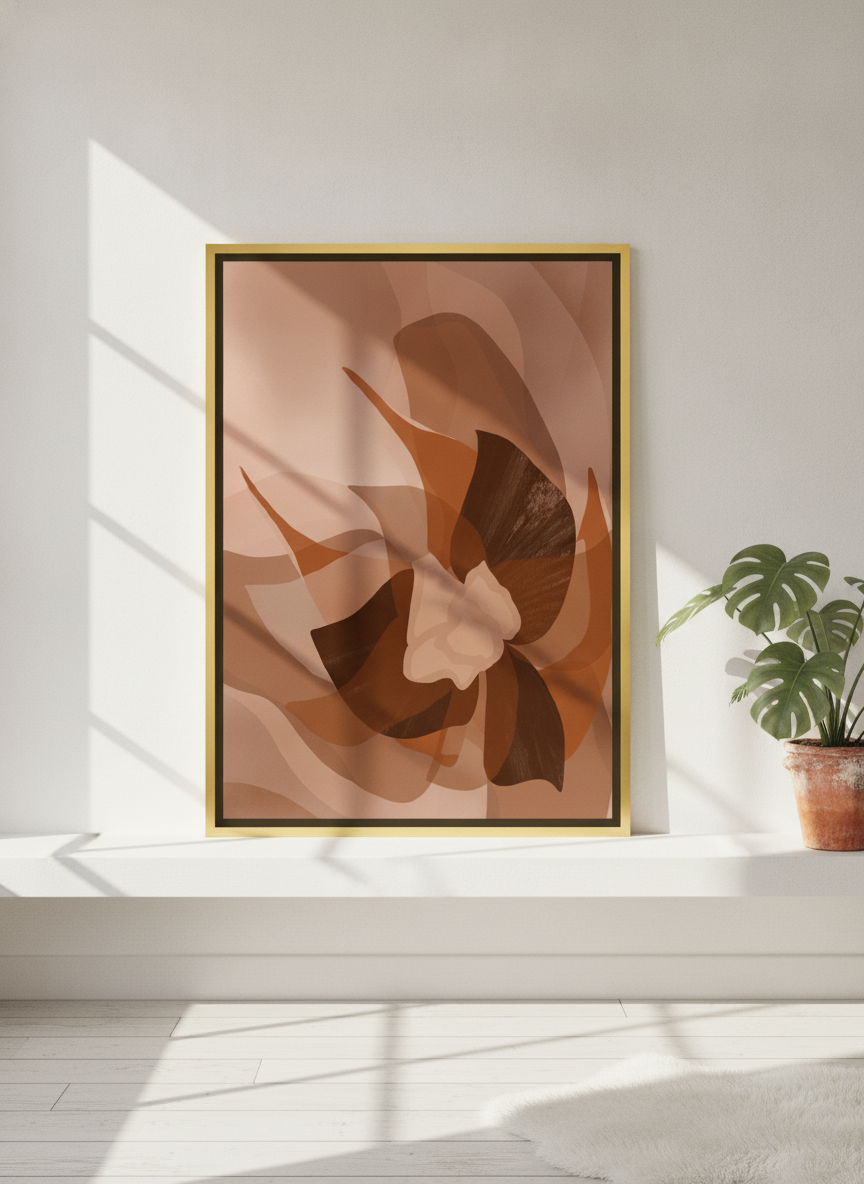 Canvas wall art with a gold leaf surround standing on a shelf in a bright Scandinavian home office