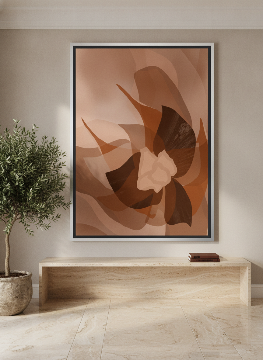 Oversized statement canvas wall art with a silver leaf surround styled on the wall in a luxe living room