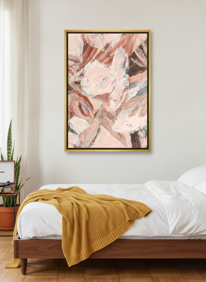 Canvas wall art with a gold leaf surround styled on the wall in a mid-century bedroom