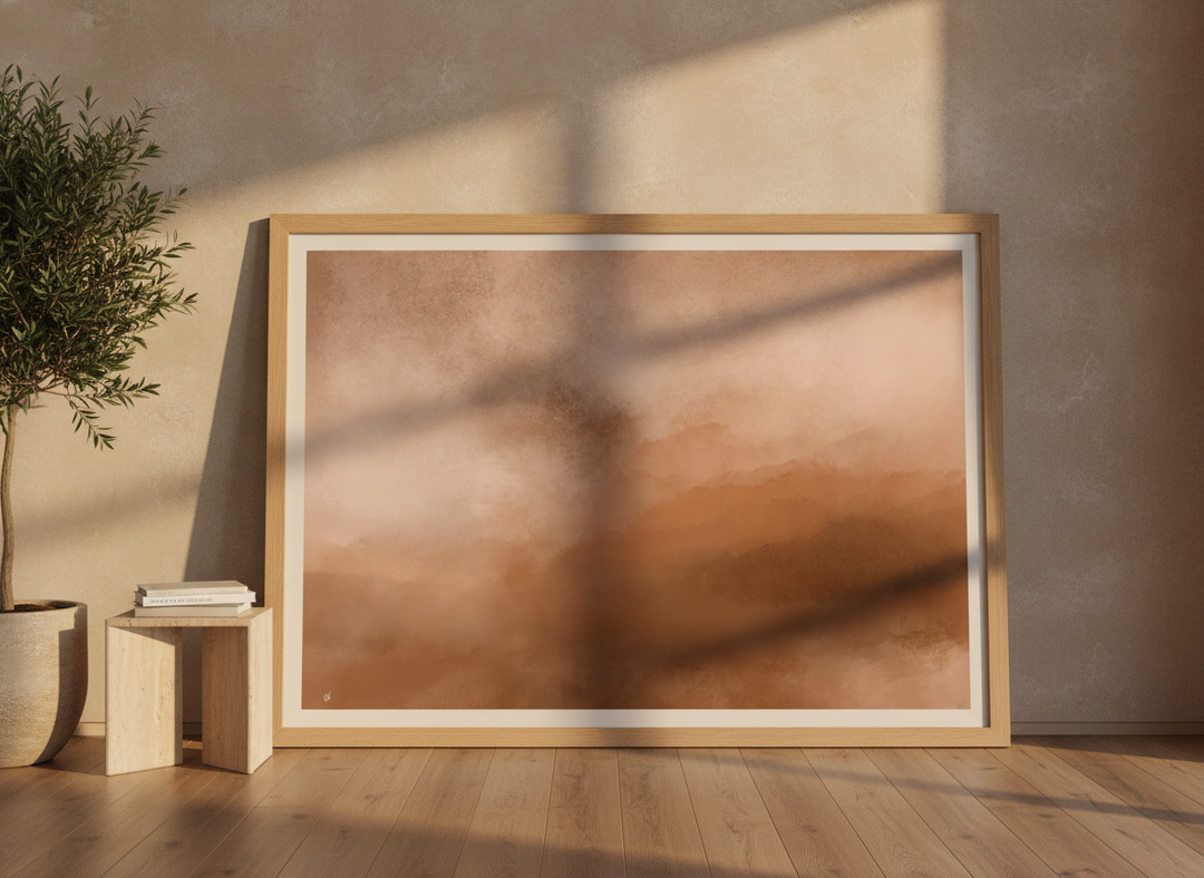 Oversized statement modern wall art print leaning against the wall in a luxe living room