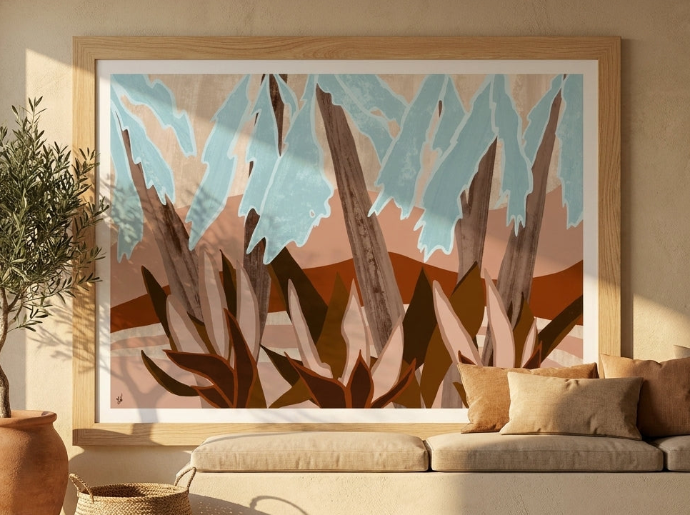 Modern wall art print styled on the wall in a Mediterranean living room