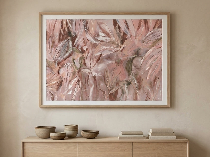 Modern wall art print styled on the wall in a warm Japandi living room