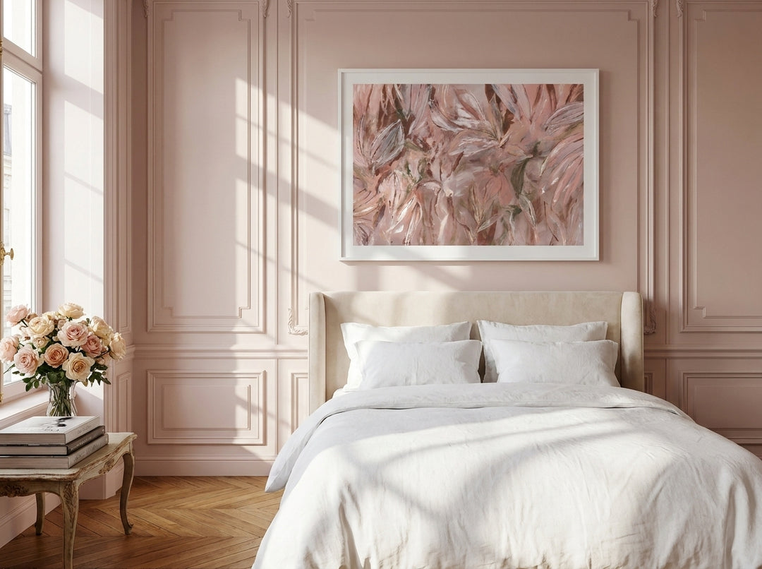 Modern wall art print styled on the wall in a Parisian bedroom