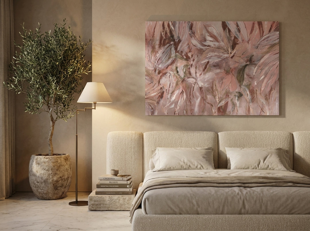 Stretched canvas wall art styled on the wall in a luxe bedroom