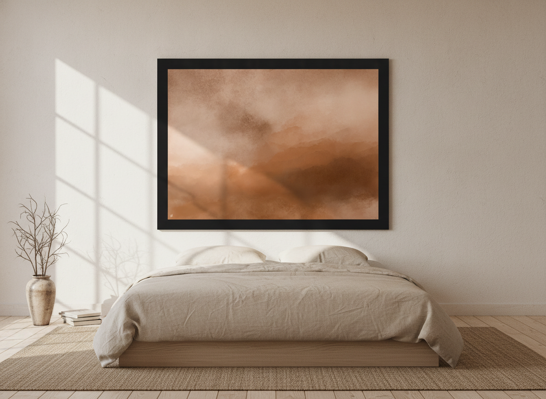 Oversized statement modern wall art print styled on the wall in a warm Japandi bedroom