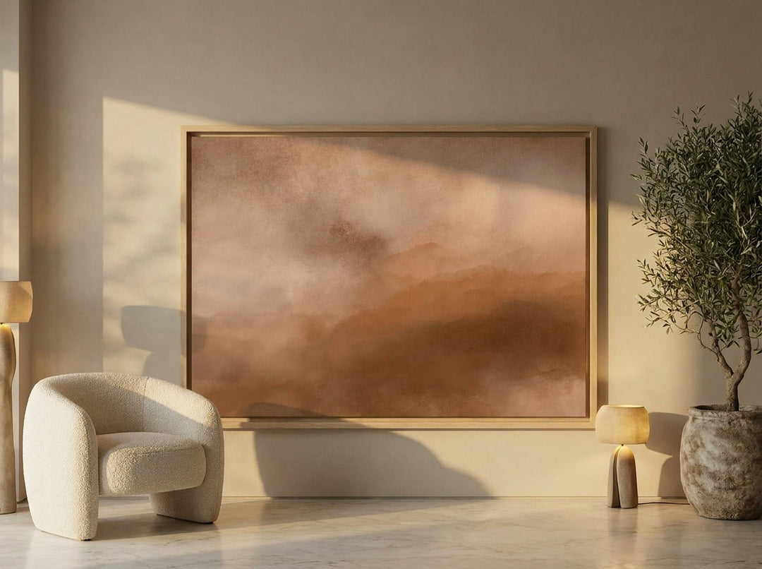 Oversized statement canvas wall art with a natural timber surround leaning against the wall in a luxe dining room