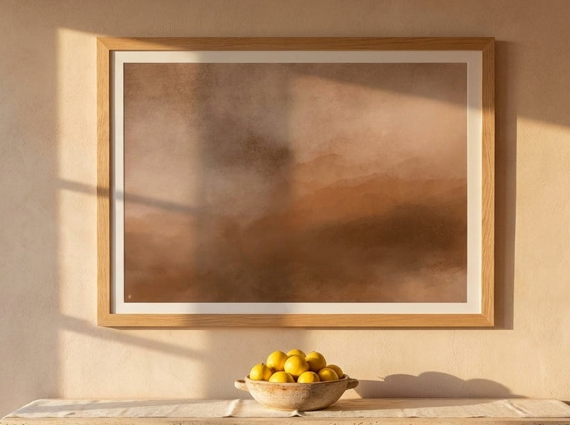 Modern wall art print styled on the wall in a Mediterranean living room