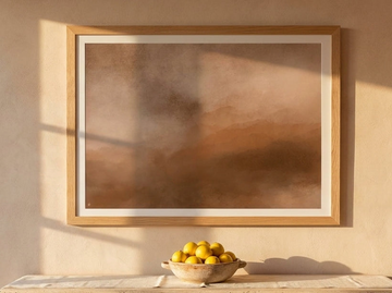Modern wall art print styled on the wall in a Mediterranean living room