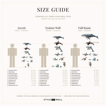 Under the Sea Wall Sticker Decals: size guide, every size shown to scale beside a child