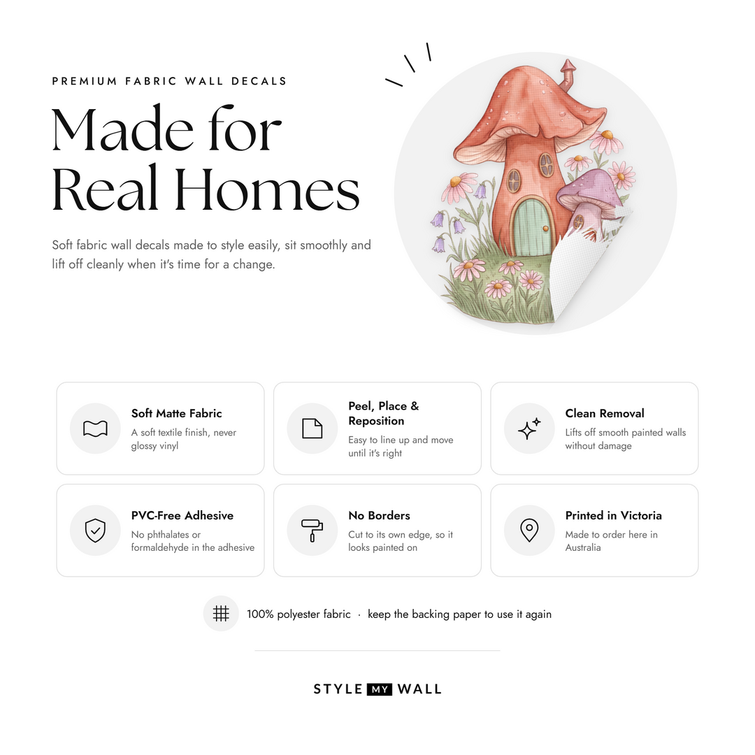 Fairy Cottage Garden Wall Sticker Decals: soft matte fabric wall decals that peel, stick and reposition, printed in Victoria