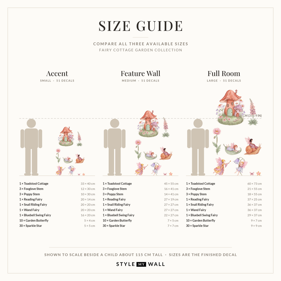 Fairy Cottage Garden Wall Sticker Decals: size guide, every size shown to scale beside a child