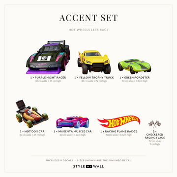 Let's Race Cars Wall Sticker Decals: Accent Set sizes