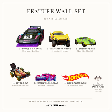 Let's Race Cars Wall Sticker Decals: Feature Wall Set sizes