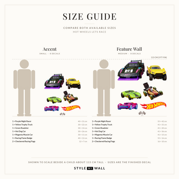 Let's Race Cars Wall Sticker Decals: size guide, every size shown to scale beside a child
