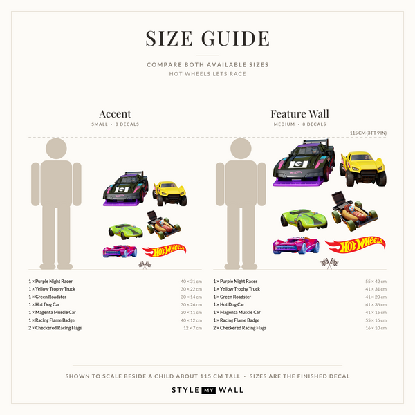 Let's Race Cars Wall Sticker Decals: size guide, every size shown to scale beside a child