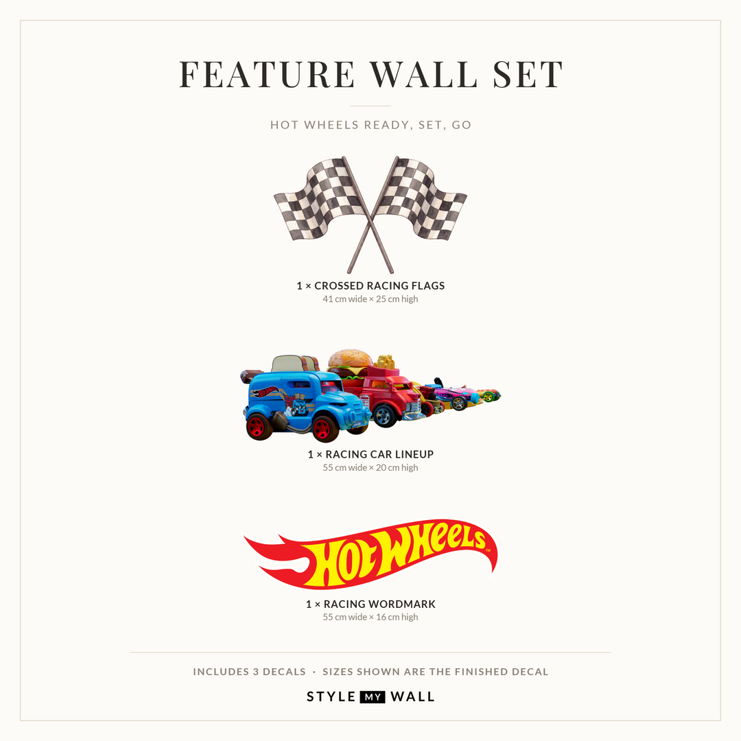 Hot Wheels Ready, Set, Go Wall Sticker Decals: Feature Wall Set sizes